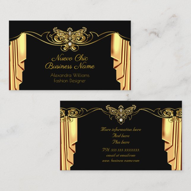 Tarjeta De Visita Elegante Moda Oro Negro Drapes Diamantes (Anverso / Reverso)