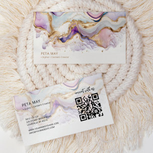 Tarjeta De Visita Elegante Moda Oro y Purple Abstracto acuarela QR