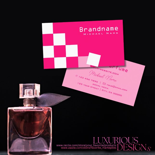 Tarjeta De Visita Elegante Moda profesional rosa y blanca a cuadros (Subido por el creador)