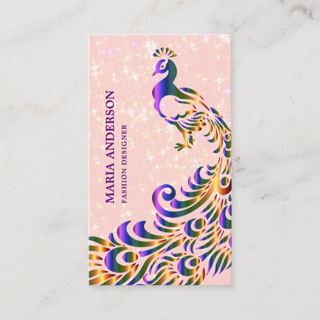 Tarjeta De Visita Elegante Moda Purpurina  Pink Purple Peacock (Anverso)