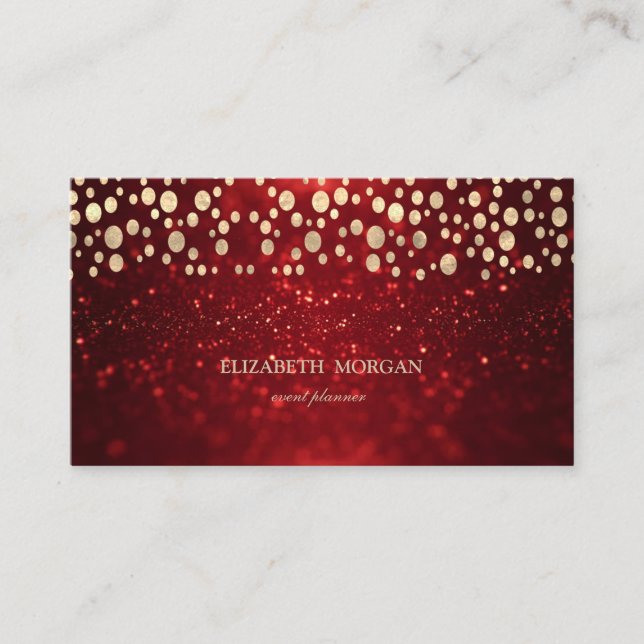 Tarjeta De Visita Elegante Moda Purpurina Rojo Bokeh Gold Confetti (Anverso)