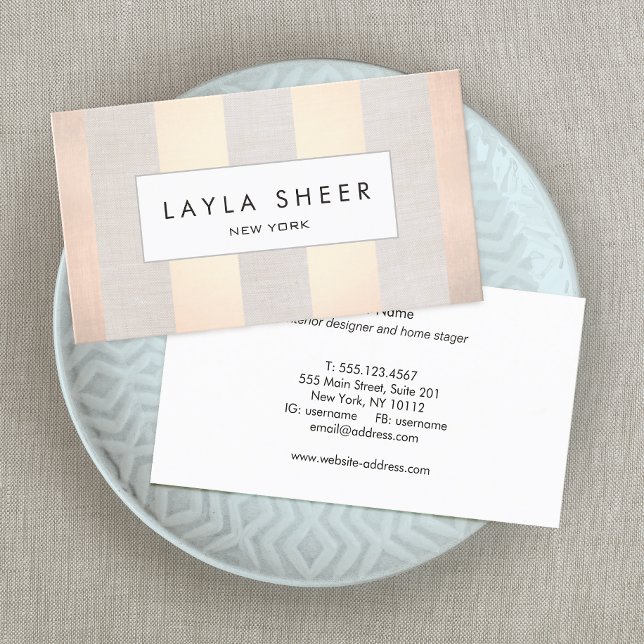 Tarjeta De Visita Elegante Moda Rosa banda de oro Beige Linen (Subido por el creador)