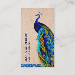 Tarjeta De Visita Elegante Moda Rustic Burlap Blue Indian Peacock