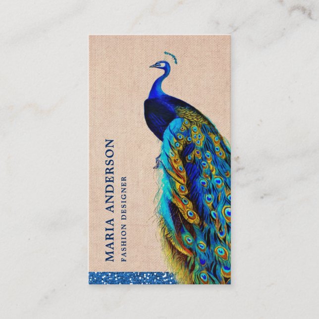Tarjeta De Visita Elegante Moda Rustic Burlap Blue Indian Peacock (Anverso)