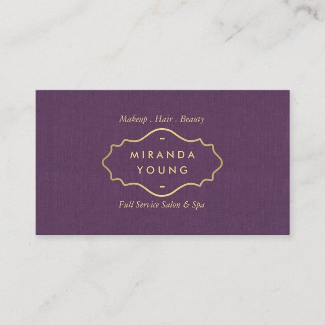 Tarjeta De Visita Elegante Moda Vintage Gold Emblem Salon, Spa Purpl (Anverso)