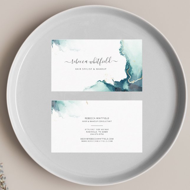 Tarjeta De Visita Elegante Modelo de acidez de mármol con guión mode (Emerald Agate Script Hair Stylist Business Card)