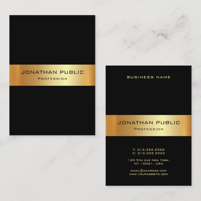 Tarjeta De Visita Elegante Modelo Negro Y Oro Vertical Moderno (Anverso / Reverso)