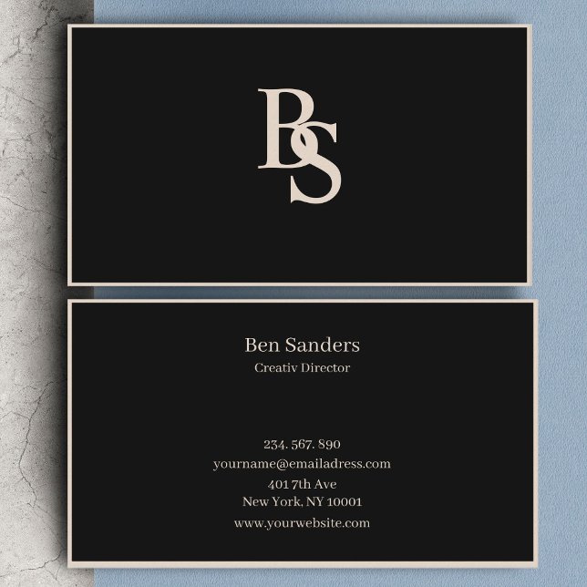 Tarjeta De Visita Elegante moderno Beige & negras minimalistic ( Black Elegant Modern Minimal Monogram Business Card)