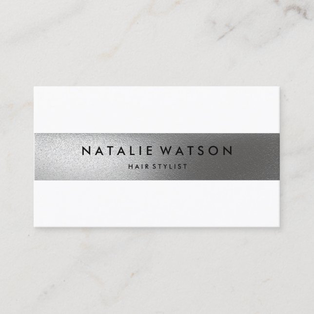 Tarjeta De Visita Elegante moderno blanco de la FALSA raya de plata (Anverso)