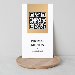 Tarjeta De Visita Elegante Moderno Código QR Blanco con Franja Dorad