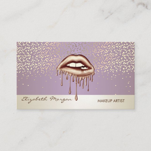 Tarjeta De Visita Elegante moderno, confetti, labios de goteo metáli (Anverso)