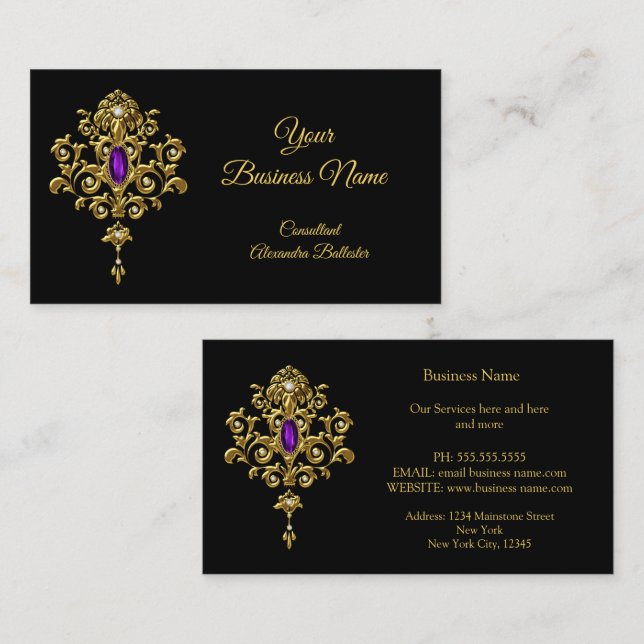 Tarjeta De Visita Elegante Moderno Elegante Jewel Púrpura Oro Negro (Anverso / Reverso)
