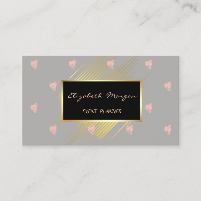 Tarjeta De Visita Elegante Moderno, Faux Gold, Stripes, Corazones (Anverso)