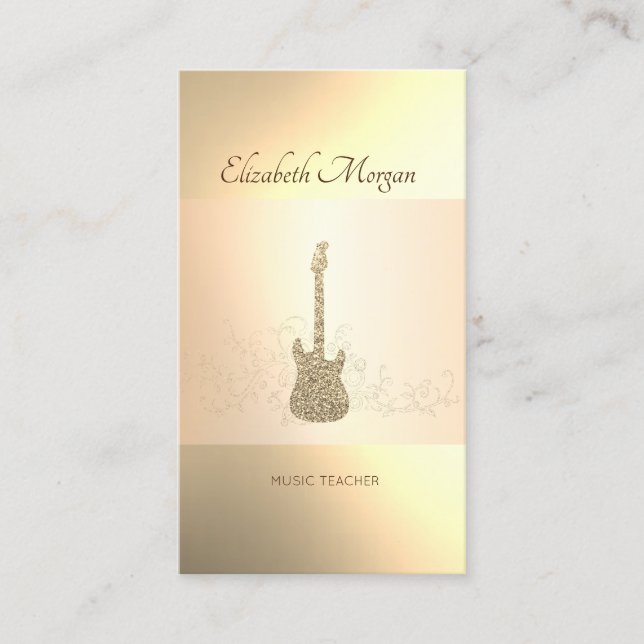 Tarjeta De Visita Elegante Moderno, Guitarra Purpurina de oro, Maest (Anverso)
