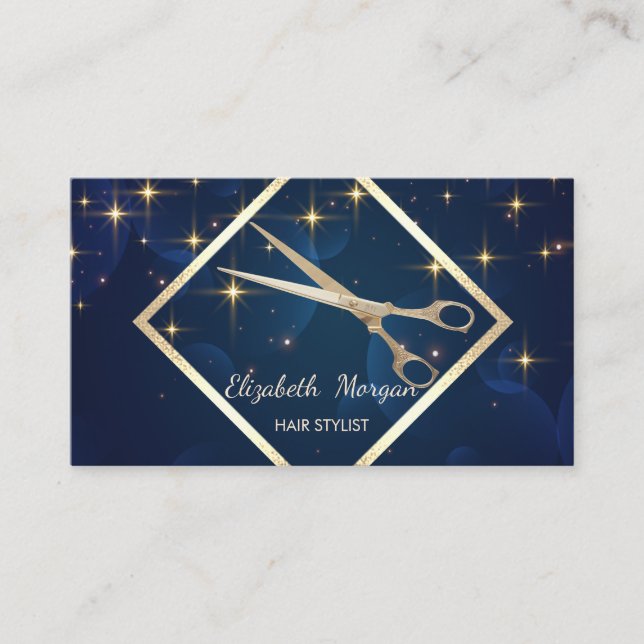 Tarjeta De Visita Elegante moderno, marco dorado, azul marino, tijer (Anverso)