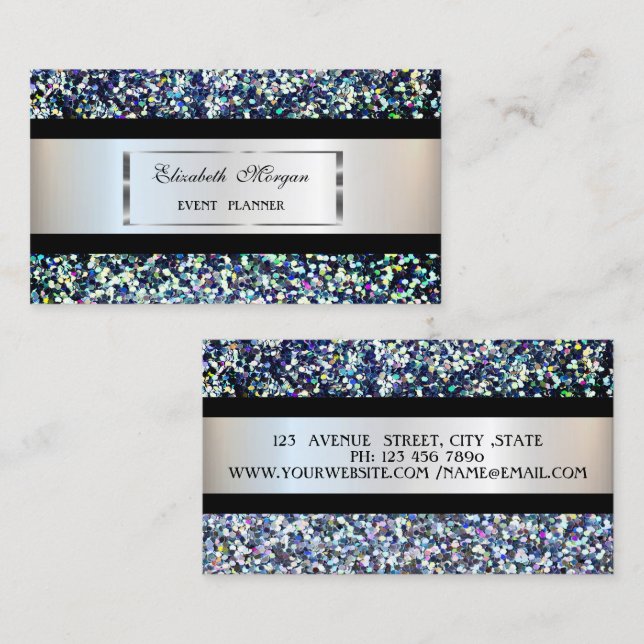 Tarjeta De Visita Elegante Moderno, Marco plateado, Banda negra, Sec (Anverso / Reverso)