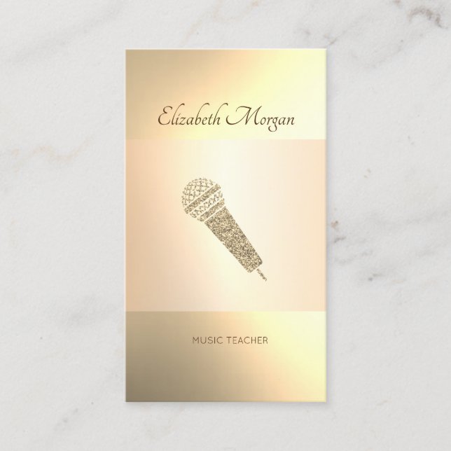 Tarjeta De Visita Elegante moderno, micrófono dorado, profesor de mú (Anverso)