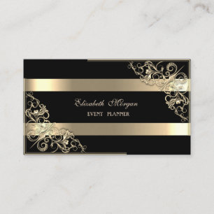 Tarjeta De Visita Elegante Moderno, Negro, Cuadro con Franjas Dorada