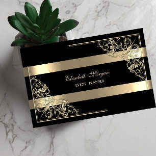 Tarjeta De Visita Elegante Moderno, Negro, Cuadro con Franjas Dorada