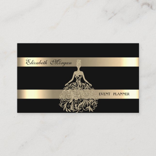 Tarjeta De Visita Elegante Moderno, Negro, Dorado Vestido Purpurina, (Anverso)