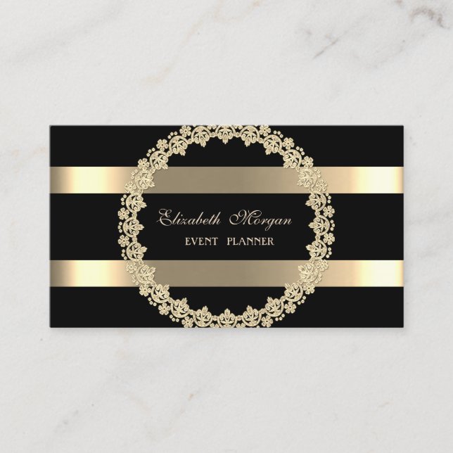 Tarjeta De Visita Elegante Moderno, Negro,Marco dorado a rayas (Anverso)
