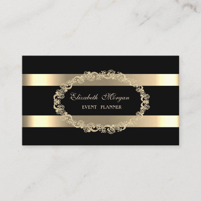 Tarjeta De Visita Elegante Moderno, Negro,Marco dorado a rayas (Anverso)