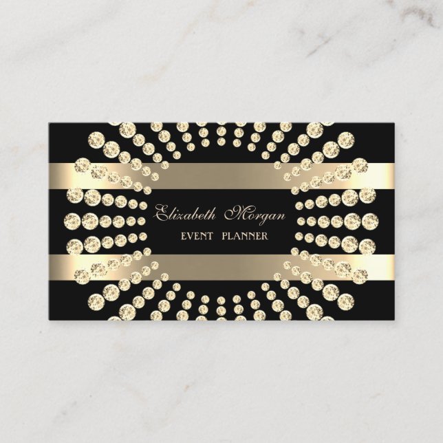 Tarjeta De Visita Elegante moderno, negro, rayas de oro, diamantes (Anverso)