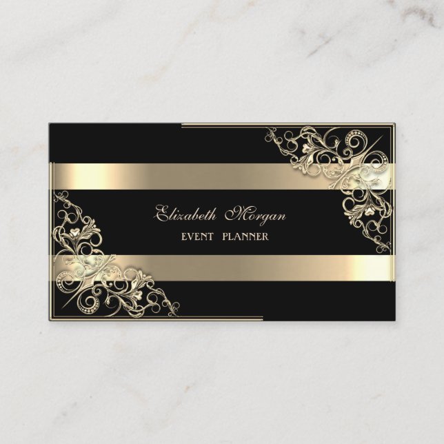 Tarjeta De Visita Elegante moderno, negro, rayas de oro, marco (Anverso)