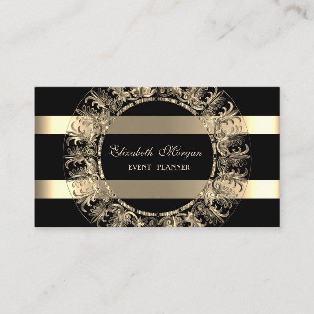Tarjeta De Visita Elegante moderno, negro, rayas de oro, marco (Anverso)