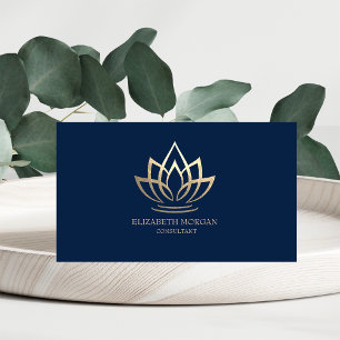 Tarjeta De Visita Elegante Moderno Simple Dorado Loto Azul Marino