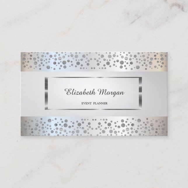 Tarjeta De Visita Elegante moderno, Stripe, Confetti plateado, Marco (Anverso)