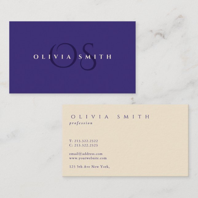 Tarjeta De Visita Elegante Monograma azul índigo profesional (Anverso / Reverso)