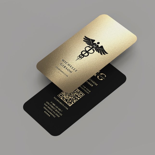 Tarjeta De Visita Elegante Monograma Black Faux Gold Caduceus Medici (Elegant Monogram Black Gold Caduceus Medical Business Card
)