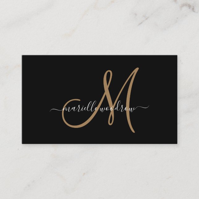 Tarjeta De Visita Elegante Monograma Black Gold Script Name (Anverso)