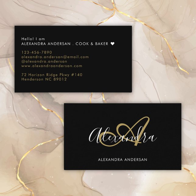 Tarjeta De Visita Elegante Monograma Black Gold Script Name (Elegant Monogram Black Gold Script Name Business Card)