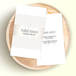 Tarjeta De Visita Elegante Monograma Blanco Moderno FAUX Plata Rayad