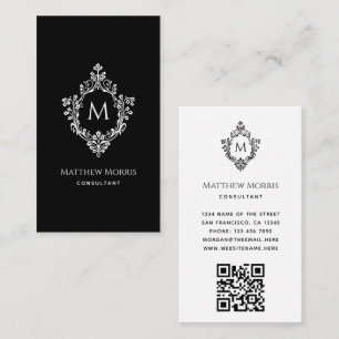 Tarjeta De Visita Elegante Monograma blanco negro Código QR Escudo d