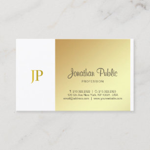Tarjeta De Visita Elegante Monograma Blanco Oro Ligero Guión Lujo
