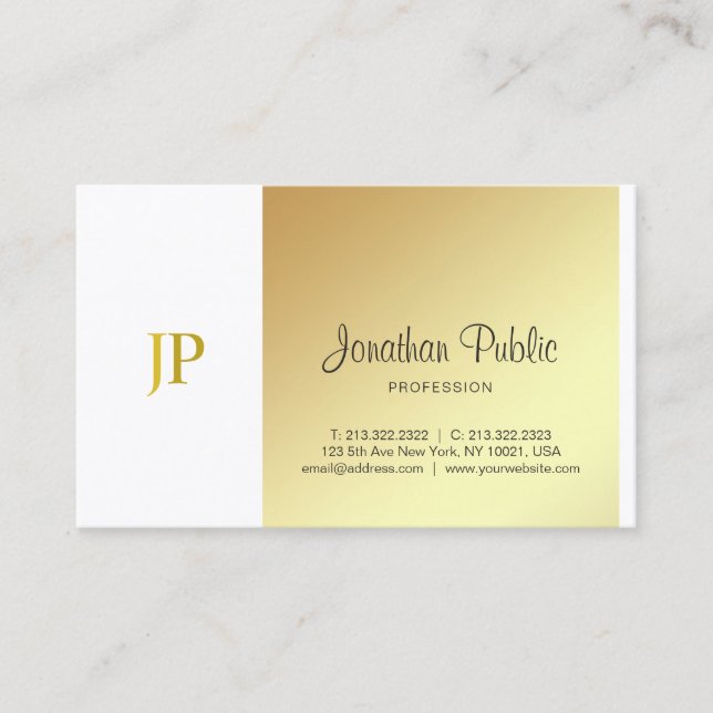Tarjeta De Visita Elegante Monograma Blanco Oro Ligero Guión Lujo (Anverso)