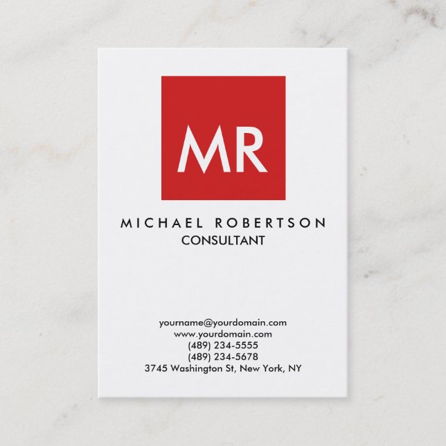 Tarjeta De Visita Elegante Monograma Blanco Rojo de Calidad (Anverso)