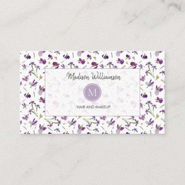 Tarjeta De Visita Elegante Monograma Botánico Morado Floral Moderno (Anverso)