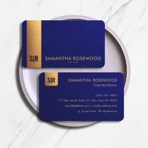 Tarjeta De Visita Elegante Monograma de Barra de Oro y Cuero Azul Ma