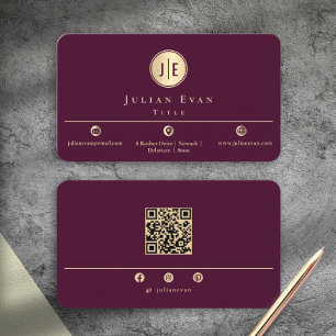 Tarjeta De Visita Elegante Monograma de Círculo Dorado de Vino Burgu