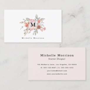 Tarjeta De Visita Elegante Monograma de color de agua floral rosa Ru