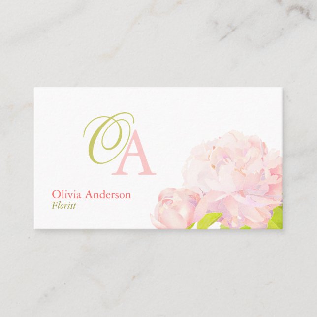 Tarjeta De Visita Elegante Monograma de la floristería del Peón Rosa (Anverso)