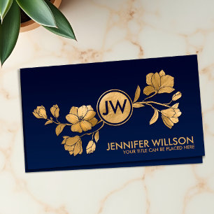 Tarjeta De Visita Elegante Monograma de la Magnolia Dorada