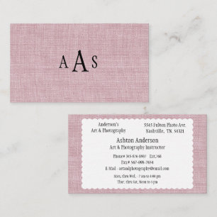 Tarjeta De Visita Elegante Monograma de Lino Falso Rosa