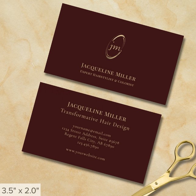 Tarjeta De Visita Elegante Monograma de oro de Moda maroon hairstyli (Subido por el creador)