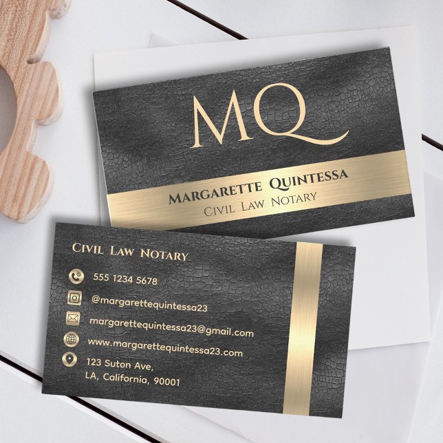 Tarjeta De Visita Elegante Monograma de Oro Elegante de Cuero Negro  (Subido por el creador)