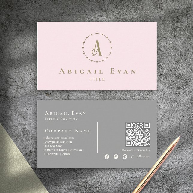 Tarjeta De Visita Elegante Monograma de oro Purpurina rosa y gris de (Elegant Blush Pink and Gray Glitter Gold Monogram Business Card)